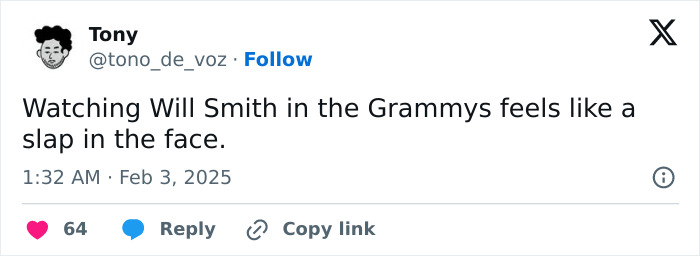Tweet about Will Smith at the Grammys referencing infamous slap, with user reactions. Tweet about Will Smith at the Grammys referencing infamous slap, with user reactions.