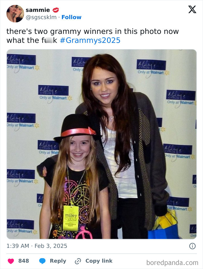 Two people at a backdrop event; humorous text references 2025 Grammys.