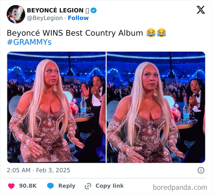 Singer's surprised reaction at the 2025 Grammys after winning Best Country Album, audience reacts.