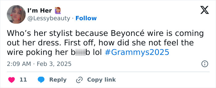 Tweet about Beyonc&eacute;'s wardrobe malfunction at the Grammys, questioning her stylist.