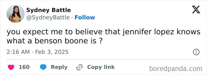 Tweet humorously questioning Jennifer Lopez's knowledge, with reactions to 2025 Grammys.