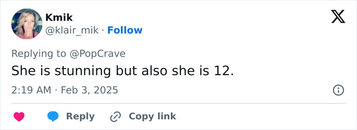 Tweet reacting to a 12-year-old's appearance, questioning if it's appropriate for their age. Tweet reacting to a 12-year-old's appearance, questioning if it's appropriate for their age.
