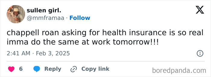 Tweet humorously reacting to the 2025 Grammys, mentioning Chappell Roan and health insurance.