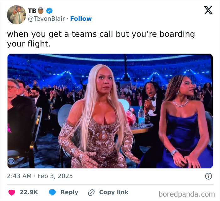 Woman at an event looking surprised, capturing laughter from a humorous February tweet.