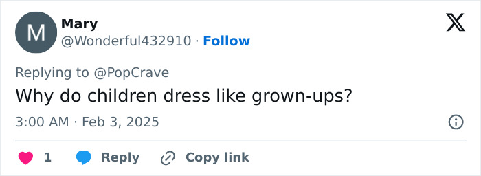Tweet questioning children's grown-up dress, related to Blue Ivy outfit controversy. Tweet questioning children's grown-up dress, related to Blue Ivy outfit controversy.