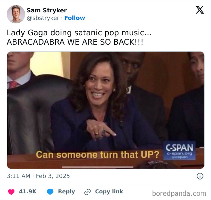 Woman smiling and pointing with humorous caption about pop music at the 2025 Grammys.