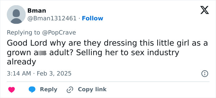 Tweet criticizing a young girl's dress choice at the Grammys sparks outrage. Tweet criticizing a young girl's dress choice at the Grammys sparks outrage.