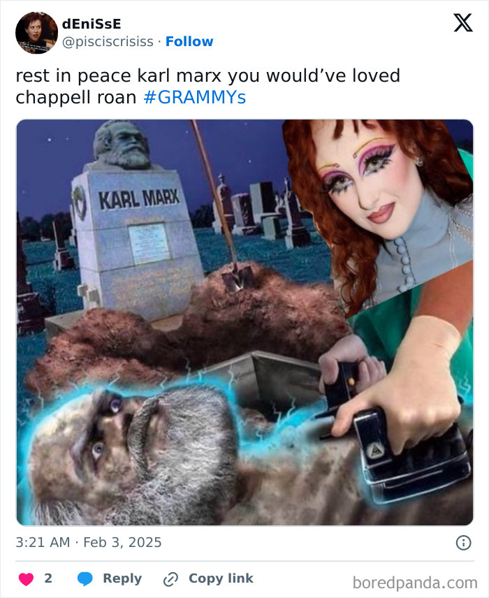 Karl Marx gravestone meme with a comical reaction to the 2025 Grammys featuring a playful twist.