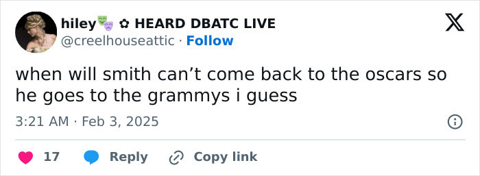 Tweet referencing Will Smith's Grammy appearance after the Oscars incident. Tweet referencing Will Smith's Grammy appearance after the Oscars incident.