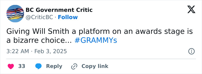 A tweet criticizing Will Smith's Grammy comeback and tribute to Quincy Jones, calling it bizarre. A tweet criticizing Will Smith's Grammy comeback and tribute to Quincy Jones, calling it bizarre.