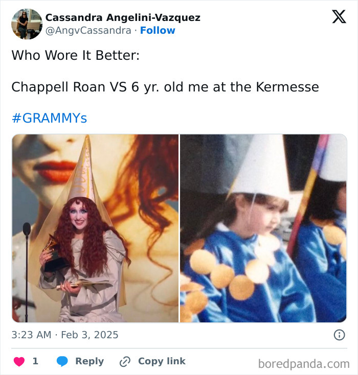 Split image comparing Chappell Roan at the 2025 Grammys and a child in a costume.