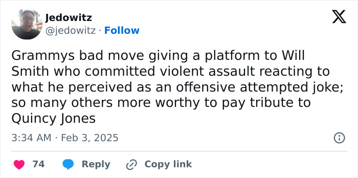 Tweet criticizing Will Smith's involvement in Quincy Jones tribute at the Grammys after infamous slap incident. Tweet criticizing Will Smith's involvement in Quincy Jones tribute at the Grammys after infamous slap incident.