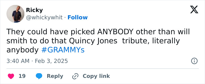 Tweet criticizing Will Smith performing Quincy Jones tribute at Grammys. Tweet criticizing Will Smith performing Quincy Jones tribute at Grammys.