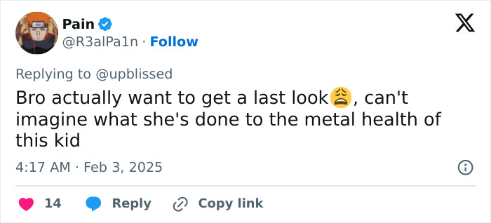 A tweet about a child's reaction to Bianca Censori's outfit at the Grammys, discussing the impact on mental health. A tweet about a child's reaction to Bianca Censori's outfit at the Grammys, discussing the impact on mental health.