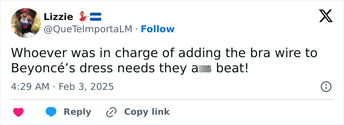 Tweet discussing Beyonc&eacute;'s wardrobe malfunction at the Grammys.