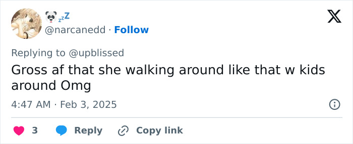 Tweet screenshot critical of Bianca Censori's Grammys outfit being inappropriate around children. Tweet screenshot critical of Bianca Censori's Grammys outfit being inappropriate around children.