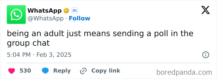WhatsApp post humorously capturing adulthood as sending a poll in group chats.