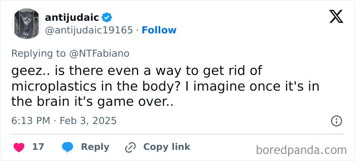 Tweet expressing concern over microplastics in the brain and their impact on health. Tweet expressing concern over microplastics in the brain and their impact on health.