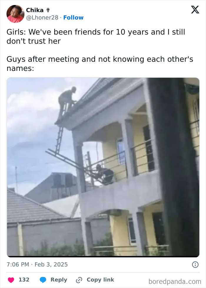 Two guys balancing ladders in a humorous display of trust, highlighting the unique male mind in men's humor.