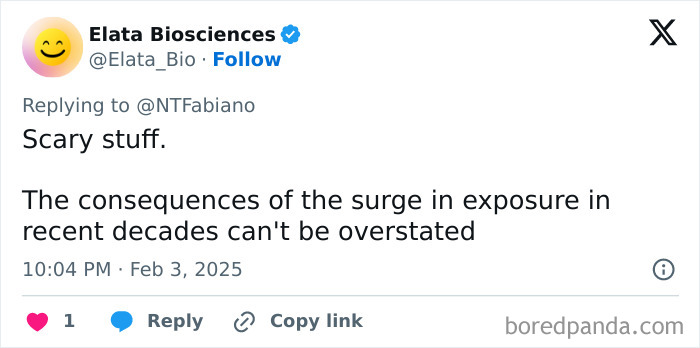 Tweet from Elata Biosciences reacting to a study on microplastics in brains, expressing concern about exposure consequences. Tweet from Elata Biosciences reacting to a study on microplastics in brains, expressing concern about exposure consequences.