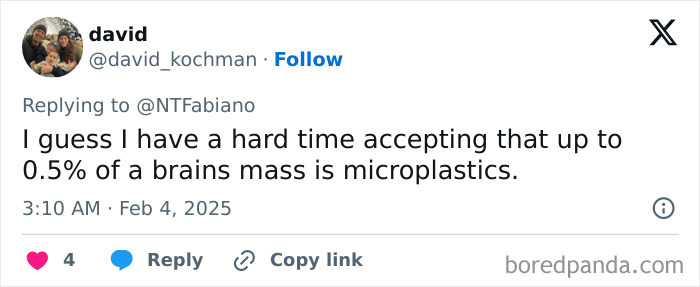 Tweet expressing disbelief about microplastics in brain mass percentage. Tweet expressing disbelief about microplastics in brain mass percentage.