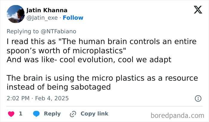 Tweet by Jatin Khanna humorously commenting on microplastics in the brain evolution study. Tweet by Jatin Khanna humorously commenting on microplastics in the brain evolution study.
