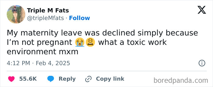 Tweet about maternity leave being declined, captioned with crying and frustrated emojis, exemplifying February tweets.