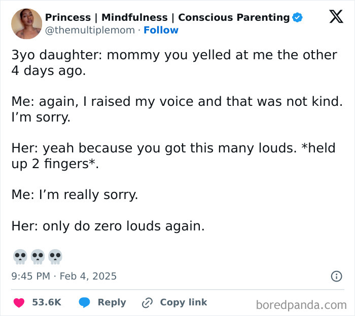 A funny tweet from a parent about their child's perception of yelling, highlighting parenting humor.