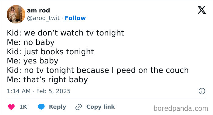 Parent humor tweet exchange about no TV night due to kid's mishap on couch.