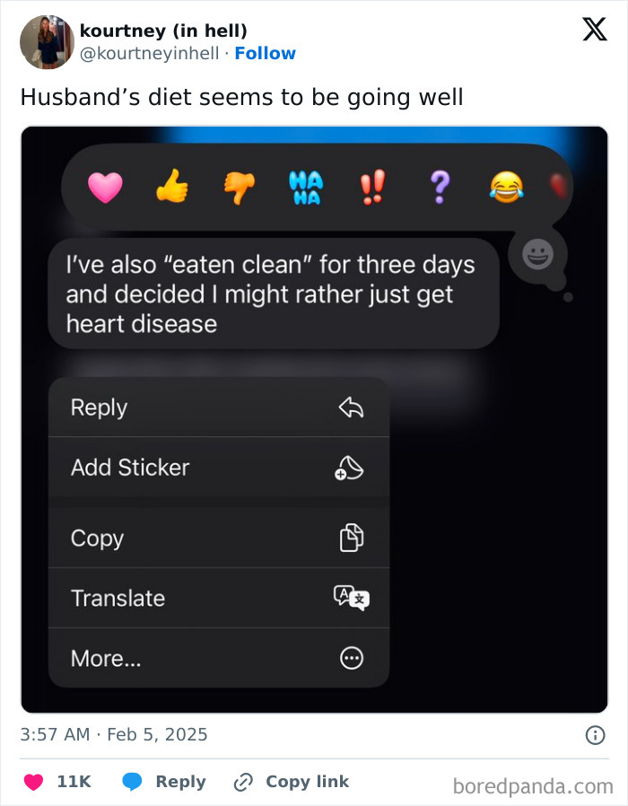 Text message humor about husband's diet struggles, expressing eating clean might lead to heart disease.