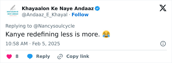 Tweet about Kanye West's AI meme captioned "Kanye redefining less is more," with laughing emoji. Tweet about Kanye West's AI meme captioned "Kanye redefining less is more," with laughing emoji.