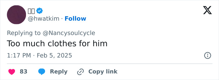 Tweet about Kanye West's AI meme, captioned "Too much clothes for him," with 83 likes and interactions. Tweet about Kanye West's AI meme, captioned "Too much clothes for him," with 83 likes and interactions.