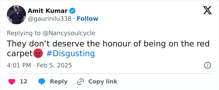 Tweet criticizing someone's place on the red carpet with hashtags, related to Kanye West's AI meme. Tweet criticizing someone's place on the red carpet with hashtags, related to Kanye West's AI meme.