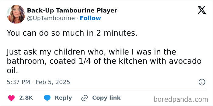 Tweet from a parent humorously describing kids coating the kitchen with avocado oil in two minutes.