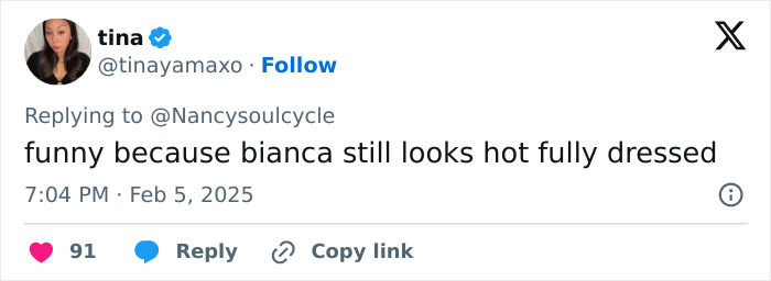 Tweet discussing Bianca's style related to Kanye West's AI meme. Tweet discussing Bianca's style related to Kanye West's AI meme.