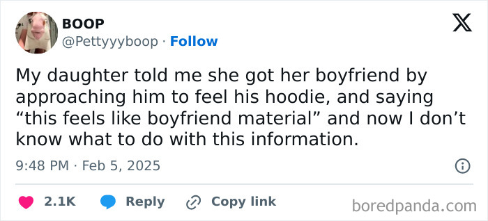 Tweet from a parent sharing a humorous story about their daughter's creative way of getting a boyfriend.