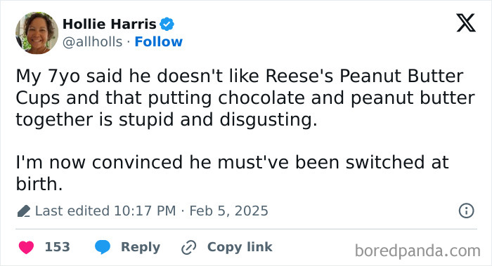 Parent tweets about child's dislike for Reese's Peanut Butter Cups, humorously questioning if switched at birth.