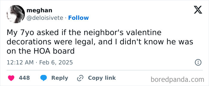 Parent tweets humor about a child's comment on neighbor's Valentine decorations legality.