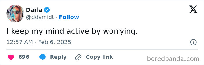 Tweet from a parent keeping their mind active by worrying, part of unhinged tweets collection.