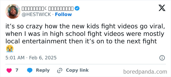 Tweet discussing how high school fight videos now go viral compared to being local entertainment.