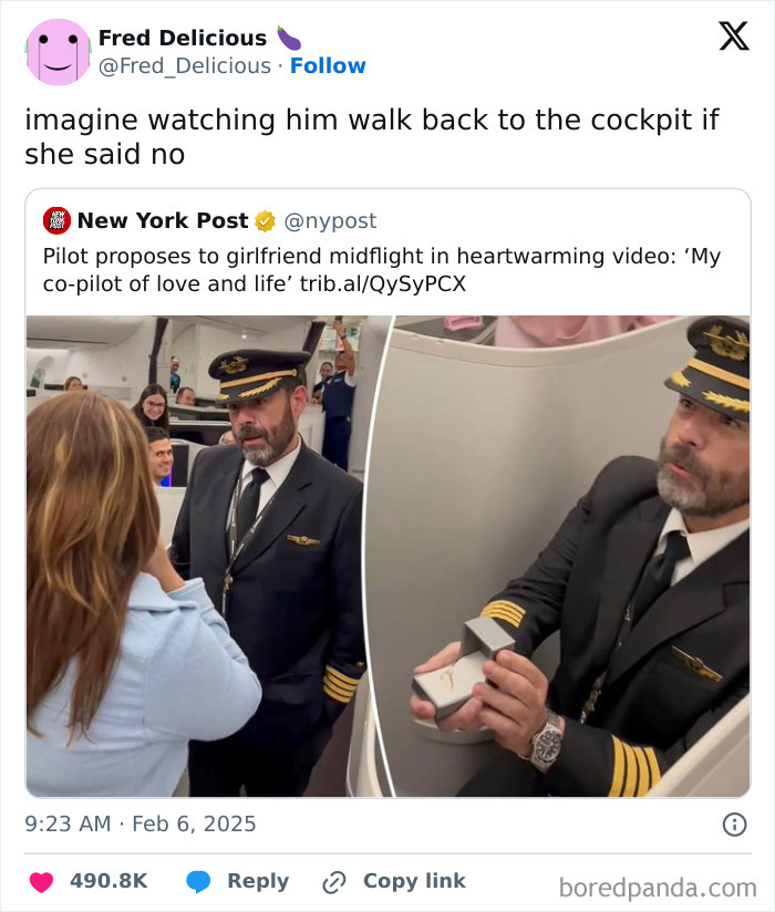 Pilot proposing mid-flight, embodying peak internet humor through a viral social media post.