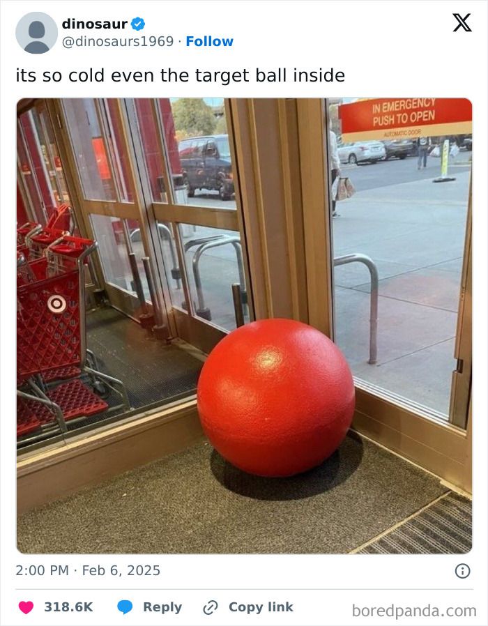 Red Target ball inside store entrance due to cold weather, humorously captured in a popular tweet.