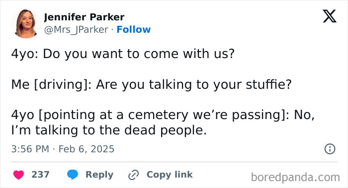 Tweet from a parent featuring an unhinged conversation with a 4-year-old about talking to the dead.