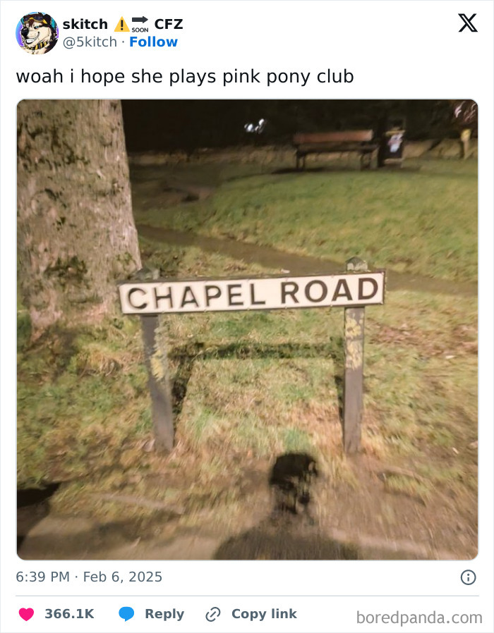 Blurry photo of a Chapel Road sign at night, humorously captioned tweet making the internet laugh.