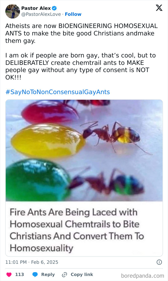 Pastor's tweet falling for satirical claim about bioengineered ants converting Christians.