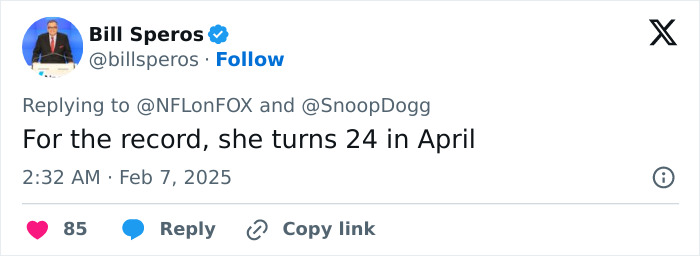 Bill Speros tweets about age, linked to Snoop Dogg's viral joke on Bill Belichick's 24-year-old girlfriend.