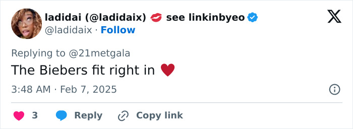 Social media post with a comment about the Biebers fitting in, including a heart emoji. Social media post with a comment about the Biebers fitting in, including a heart emoji.