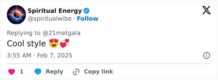 Tweet reply by Spiritual Energy, praising a style with heart emojis, dated February 7, 2025. Tweet reply by Spiritual Energy, praising a style with heart emojis, dated February 7, 2025.