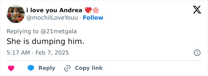 Tweet reply discussing someone's relationship status. Tweet reply discussing someone's relationship status.