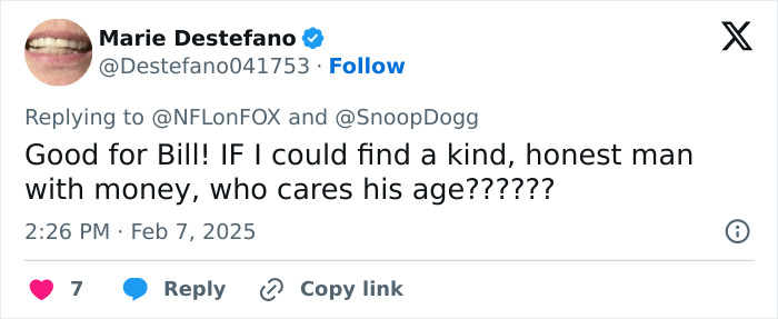 Tweet about age gap joke with Snoop Dogg and Bill Belichick's girlfriend, expressing support for Bill's relationship.
